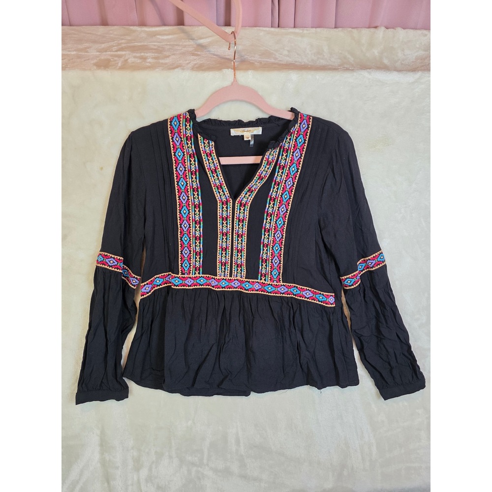 Andree by Unit Womens Black Embroidered Boho Peplum‎ Blouse Medium 16387